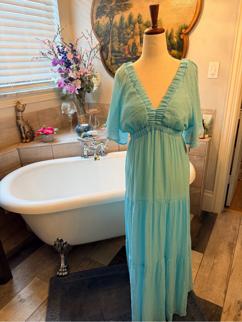 NWT Boston Proper Aqua Tiered Maxi Dress with V-Neck Summer Goddess Lightweight